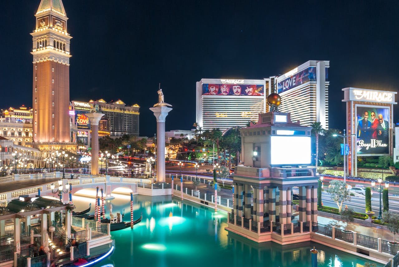 Image of the Strip. The Strip is lined with casinos, hotels, and restaurants.